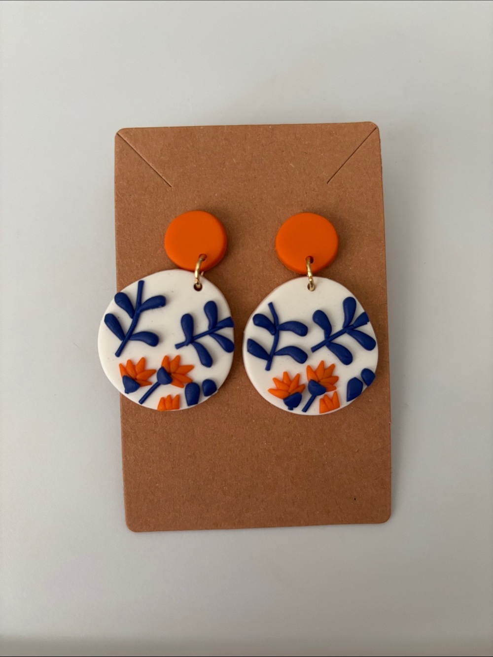 Fashion Jewelry Orange, Blue & White Floral Drop Earrings